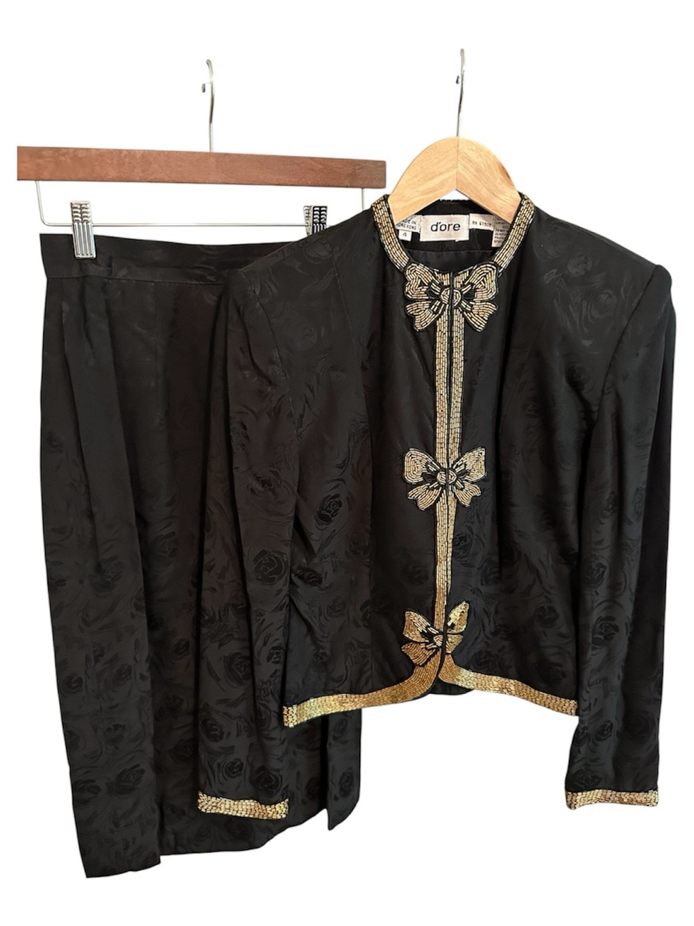 D’ore Black Silk Jacket and Skirt with Gold Beaded Bow Trim 70s